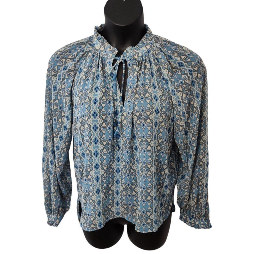 Elan Cera Peasant Tie - Neck Blouse Top Blue Aztec Print - Picture 3 of 6